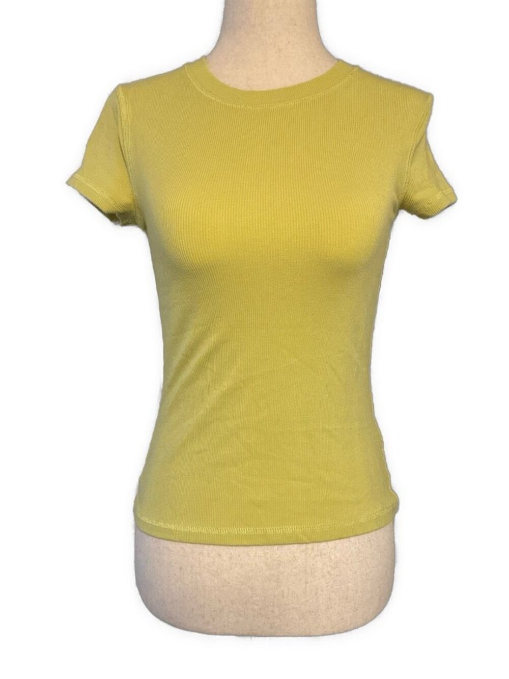 Tahari Moss Yellow Green Ribbed Modal Stretch Short Sleeve Crew Neck T Shirt XS